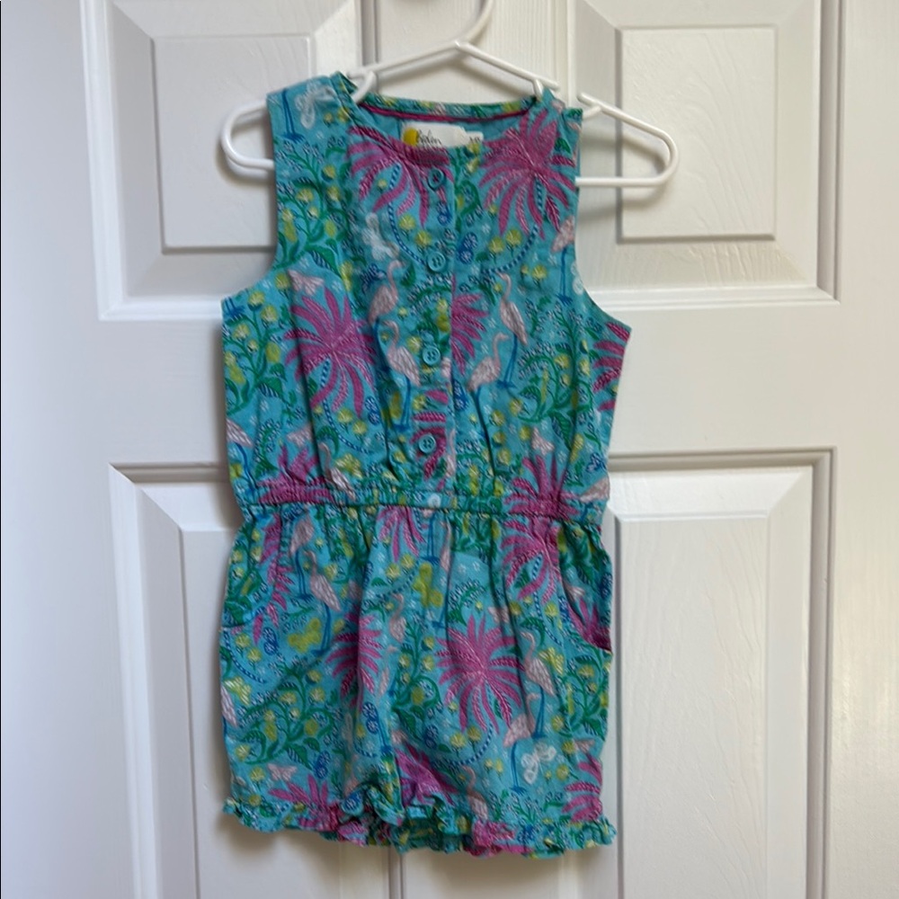 Mini Boden Blue and Pink Jumpsuit Vibrant Tropical Print size 3-4